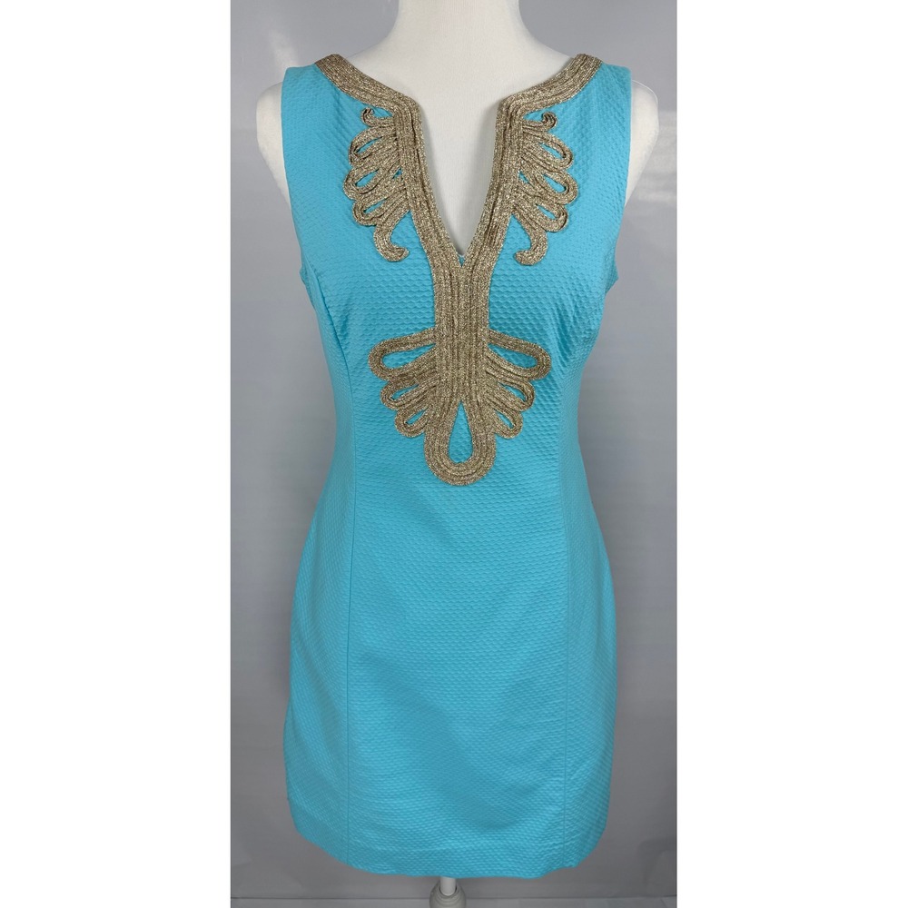 Lilly Pulitzer Shift Dress Women 2 Blue Gold Metallic Embroidery V-Neck Pique